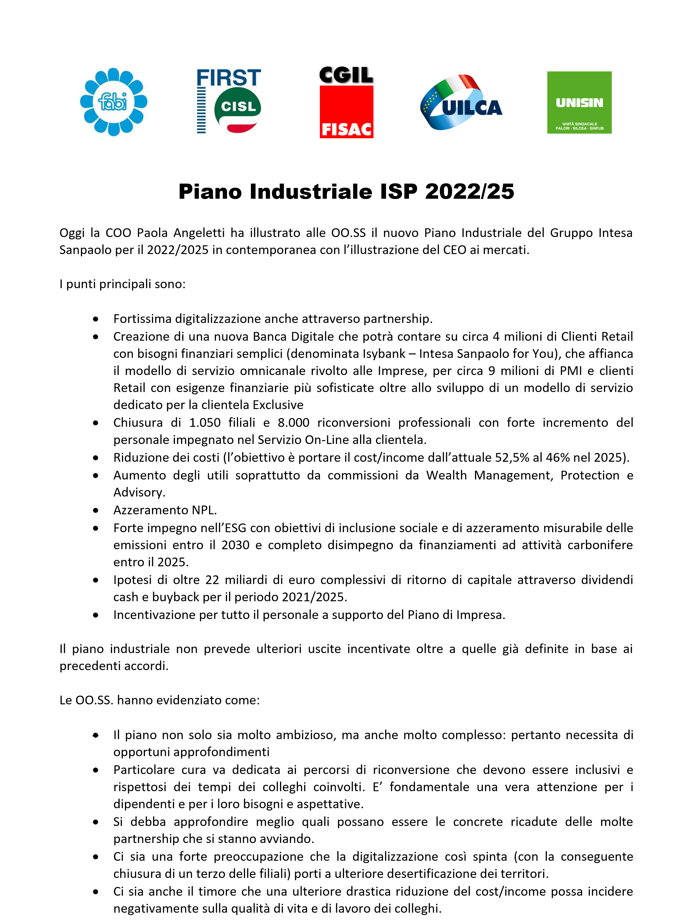 FABI Gruppo Intesa Sanpaolo Piano Industriale ISP 202225